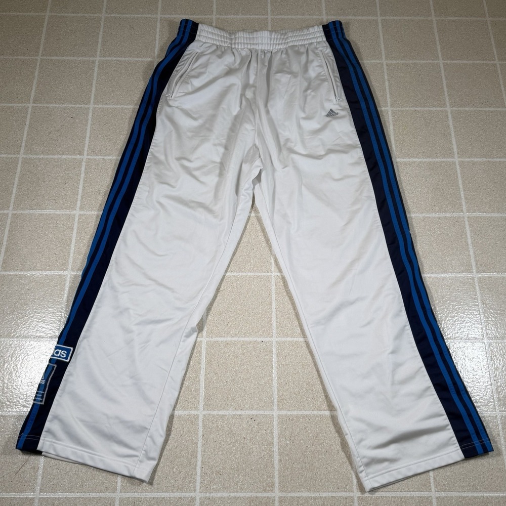 Vintage Y2K Adidas Breakaway Track Pants White Blue Stripes 2XL Baggy Wide Leg
